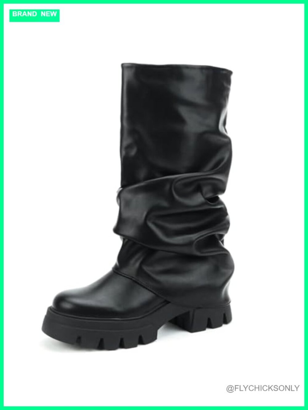 Women's Fold Over Slouchy Platform Boots Faux Leather Chunky Heel Mid Calf
